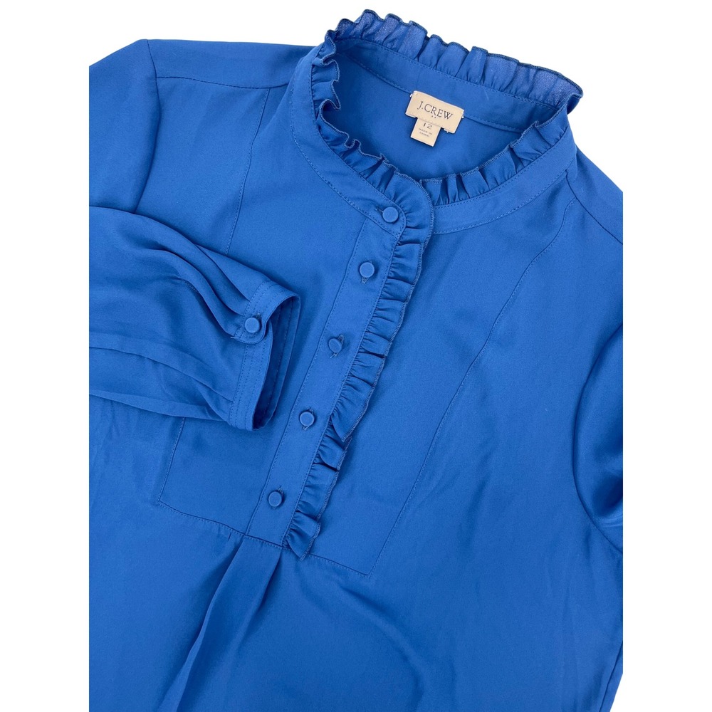 J.Crew Womens Royal Blue Ruffle Collar Button Front Blouse Size 12 Long Sleeve